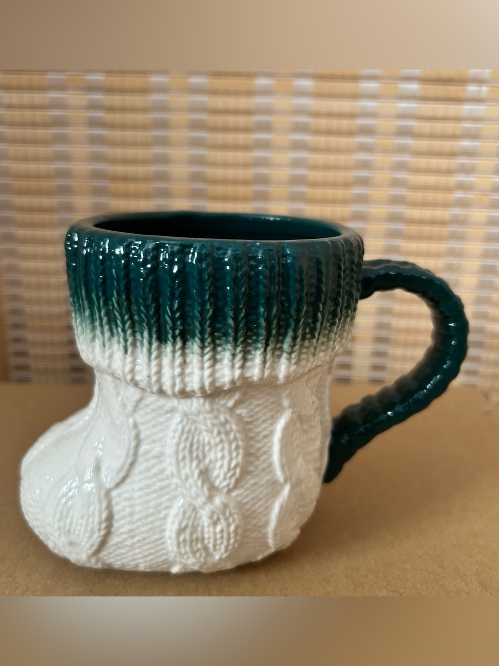 Anthropologie Christmas GreenStocking Coffee Tea Holiday Christmas Mug